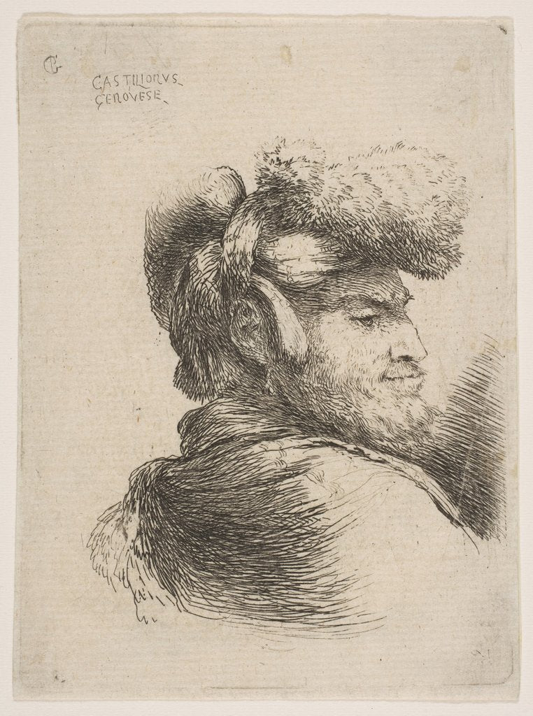 Detail of Man in profile facing right, wearing a fur hat, from series of 'Small Heads in Orie…, ca. 1645-50 by Giovanni Benedetto Castiglione