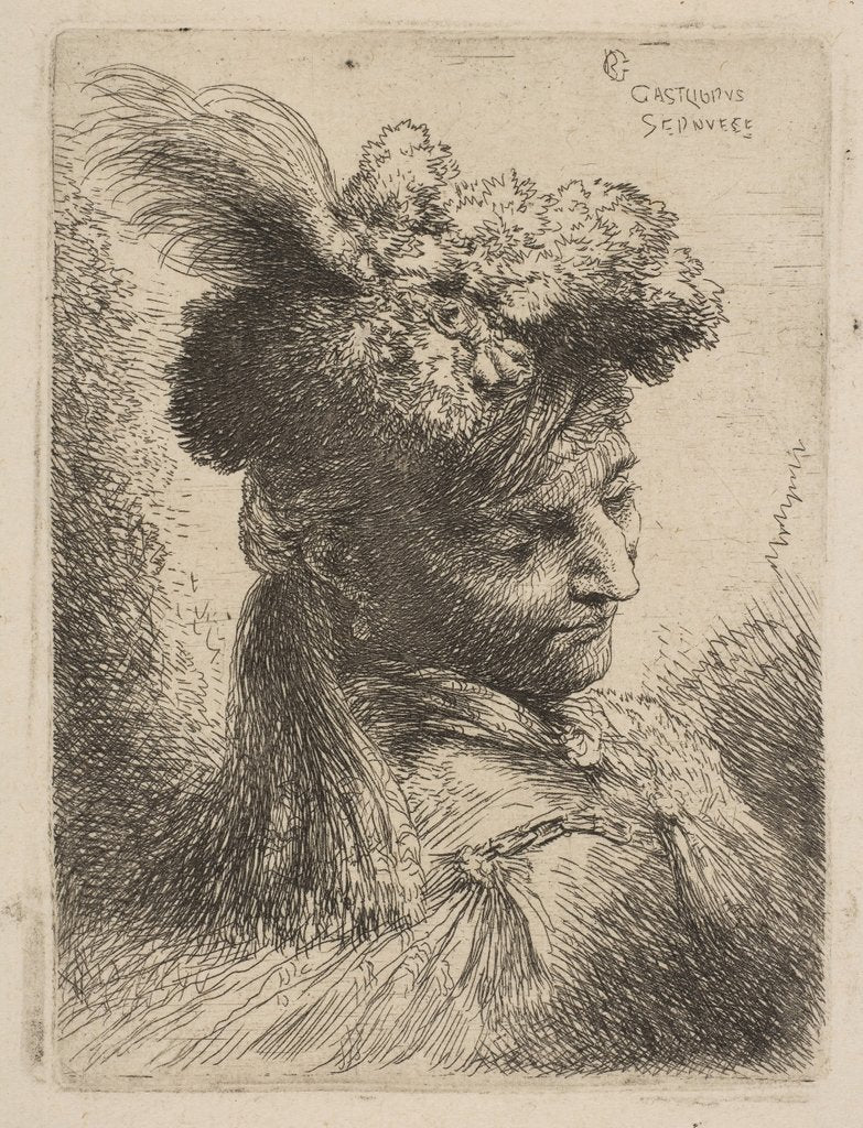 Detail of Young man facing three quaters right wearing a fur headdress with a plume, jewel an…, ca. 1645-50 by Giovanni Benedetto Castiglione