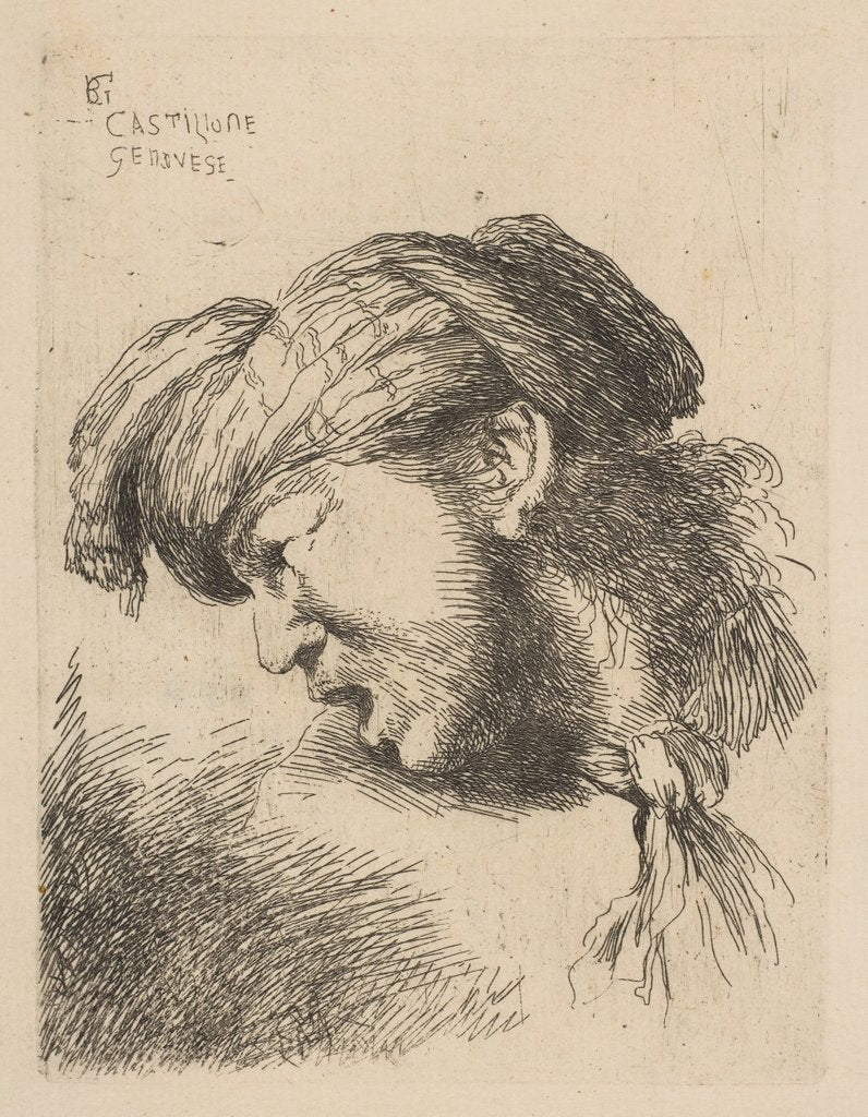 Detail of Man wearing a turban, a tie fastened around his neck, facing left, from the series …, ca. 1645-50 by Giovanni Benedetto Castiglione