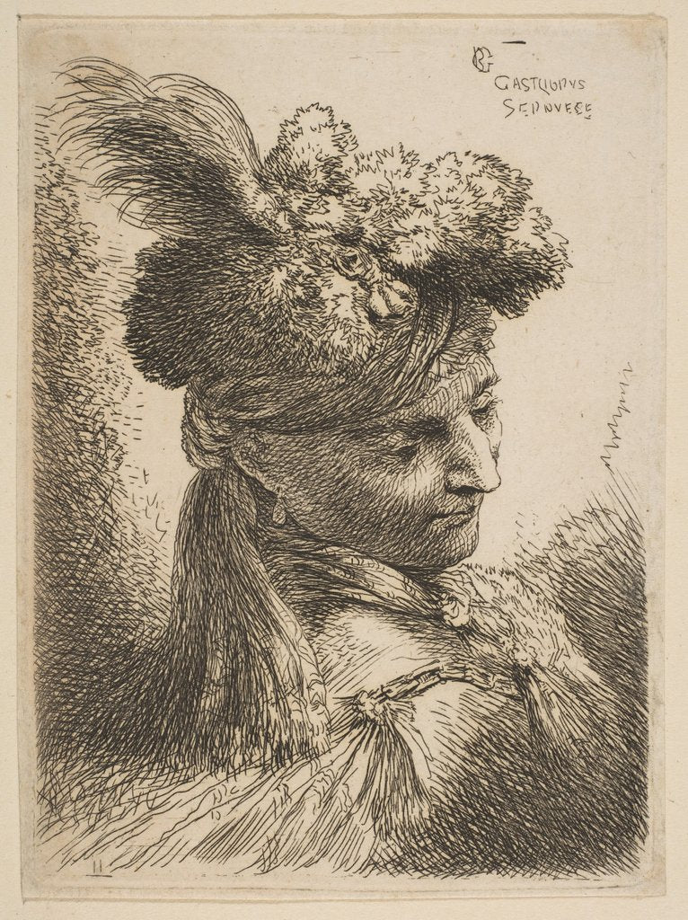 Detail of Young man facing three quaters right wearing a fur headdress with a plume, jewel an…, ca. 1645-50 by Giovanni Benedetto Castiglione