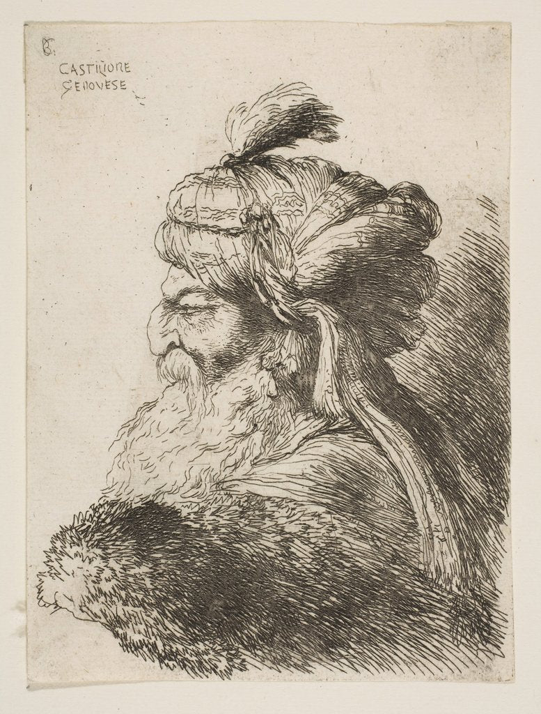 Detail of Head of an old man with a turban facing left, from the series of 'Small Heads in …, ca. 1645-1650 by Giovanni Benedetto Castiglione