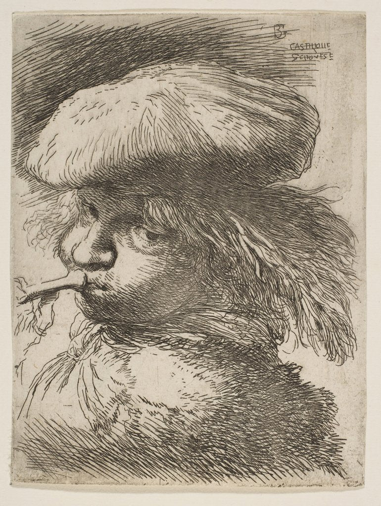 Young man with a trumpet facing left, from the series of 'Small Heads in Oriental…, ca. 1645-1650 by Giovanni Benedetto Castiglione