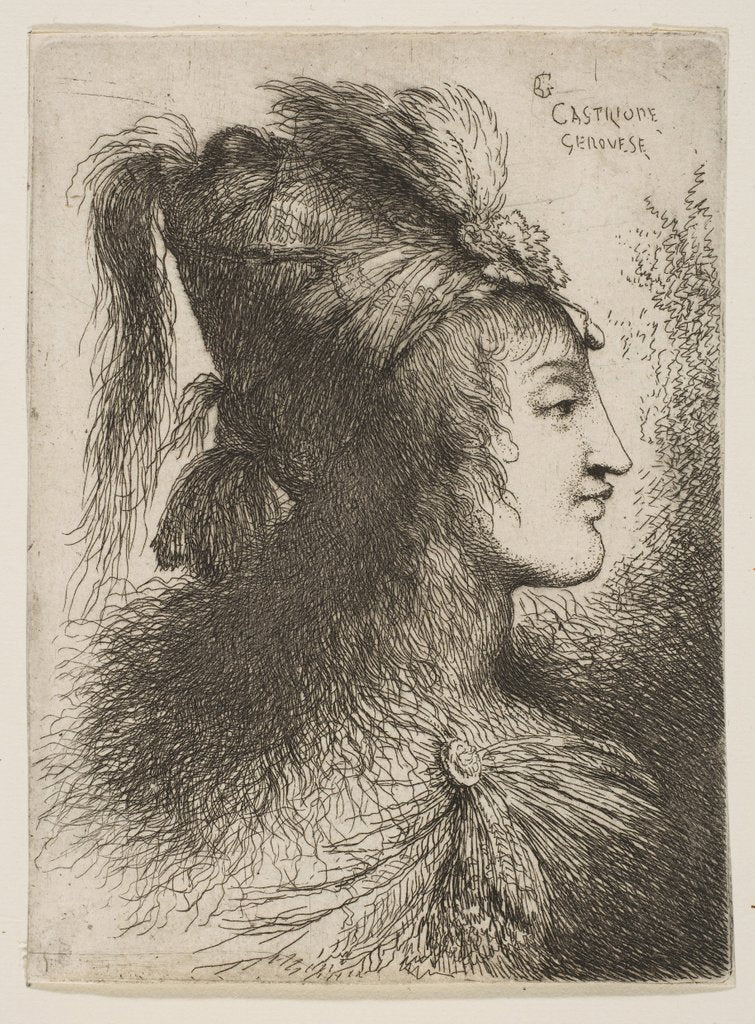 Detail of Young man wearing a plumed turban, facing right, from the series of 'Small Heads …, ca. 1645-1650 by Giovanni Benedetto Castiglione