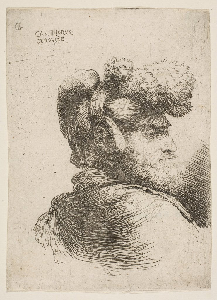 Detail of Man in profile facing right, wearing a fur hat, from series of 'Small Heads in Or…, ca. 1645-1650 by Giovanni Benedetto Castiglione