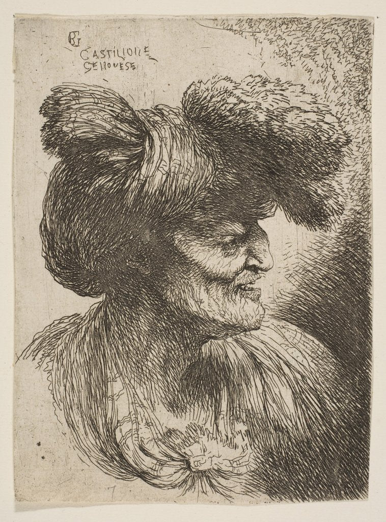 Detail of Bust of beardless old man in profile facing right, from the series of 'Small Head…, ca. 1645-1650 by Giovanni Benedetto Castiglione