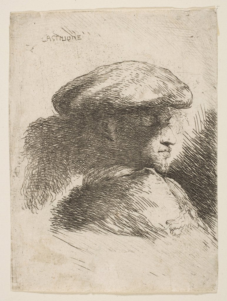 Detail of Man in profile facing right, wearing a fur hat, from series of 'Small Heads in Or…, ca. 1645-1650 by Giovanni Benedetto Castiglione