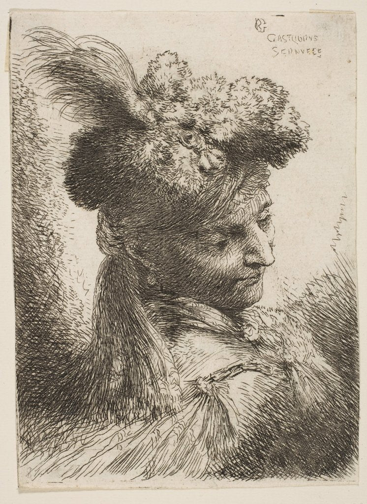 Detail of Young man facing three quaters right wearing a fur headdress with a plume, jewel …, ca. 1645-1650 by Giovanni Benedetto Castiglione
