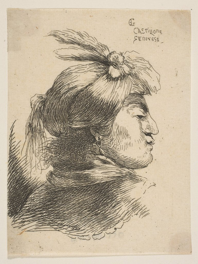 Detail of Man wearing a small turban Oonamented with plumes and ribbon, facing right, from …, ca. 1645-1650 by Giovanni Benedetto Castiglione