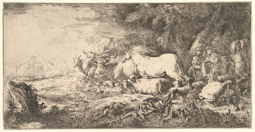 Detail of Entry of the animals into Noah's ark, three men follow quadrupeds and birds stridin…, ca. 1650-55 by Giovanni Benedetto Castiglione