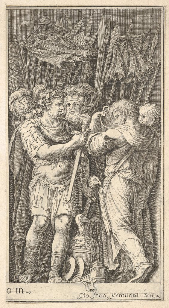 Detail of Soldiers, one shown frontally and holding a sword, at right a soldier with his ba…, ca. 1650-1700 by Giovanni Francesco Venturini