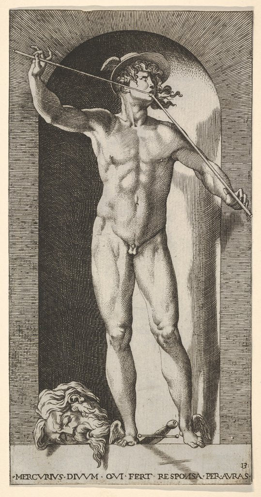 Detail of Plate 14: Mercury standing in a niche playing his pipes, with the severed head of an old m…, 1526 by Giovanni Jacopo Caraglio