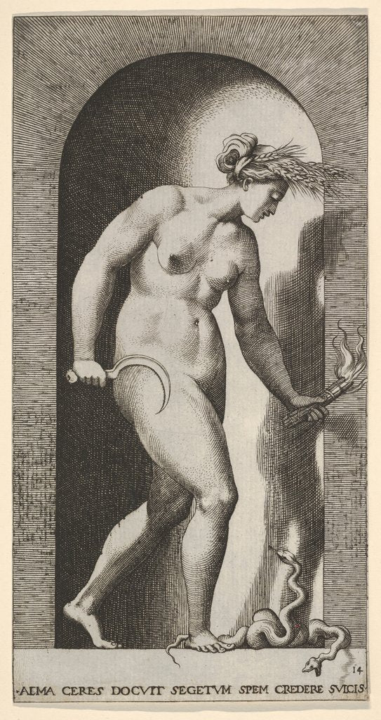 Detail of Plate 14: Ceres in a niche, facing right, standing over a two-headed snake and holding a h…, 1526 by Giovanni Jacopo Caraglio