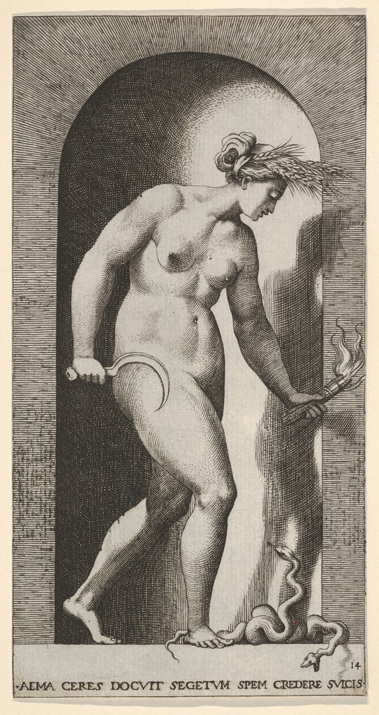 Plate 14: Ceres in a niche, facing right, standing over a two-headed snake and holding a h…, 1526 by Giovanni Jacopo Caraglio