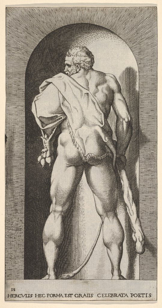 Detail of Plate 15: Hercules standing in a niche, wearing a lion skin and holding a club, viewed fro…, 1526 by Giovanni Jacopo Caraglio