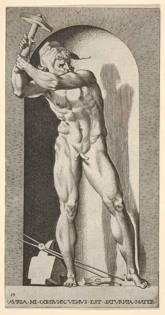 Detail of Plate 19: Vulcan standing in a niche swinging a hammer, with an anvil, hammer, and tongs a…, 1526 by Giovanni Jacopo Caraglio