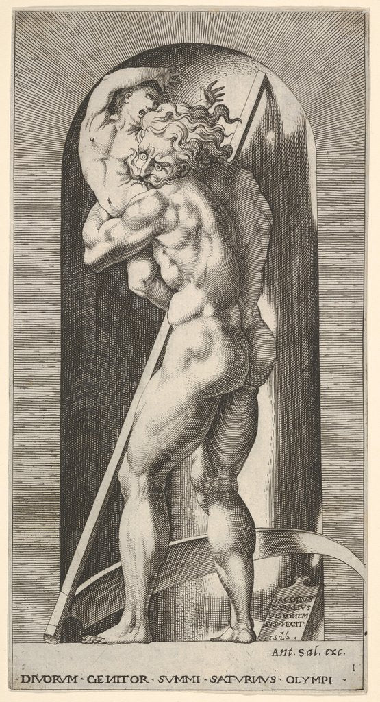Detail of Plate 1: Saturn in a niche devouring his son, standing before a scythe, from a series of m…, 1526 by Giovanni Jacopo Caraglio