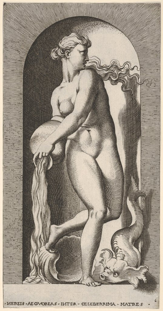Detail of Plate 6: Thetis standing in a niche with a shell and sea creature, pouring water out of a …, 1526 by Giovanni Jacopo Caraglio