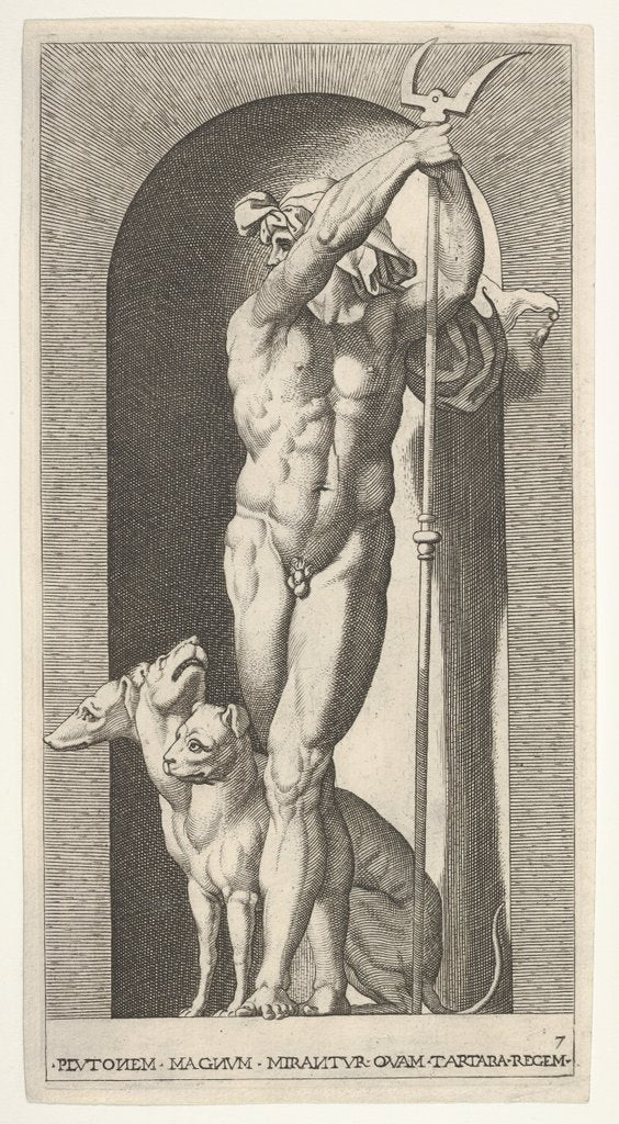 Detail of Plate 7: Pluto in a niche, holding a bident, with Cerberus next to him, from a series of m…, 1526 by Giovanni Jacopo Caraglio