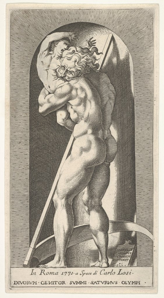 Detail of Plate 1: Saturn in a niche devouring his son, standing before a scythe, from a series of m…, 1526 by Giovanni Jacopo Caraglio