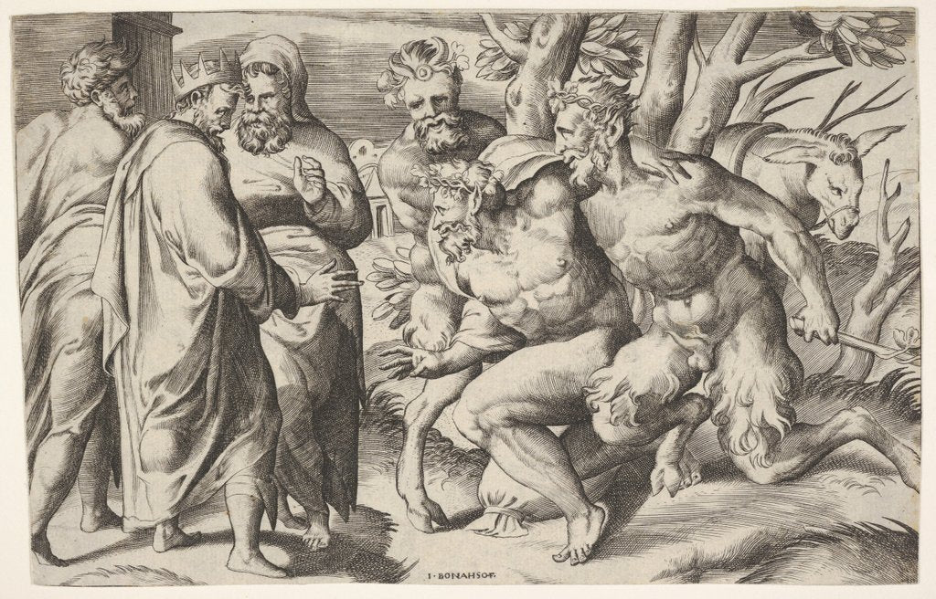 Detail of Two satyrs leading Silenus to King Midas, who stands at left with two male attendan…, ca. 1550-80 by Giulio Bonasone