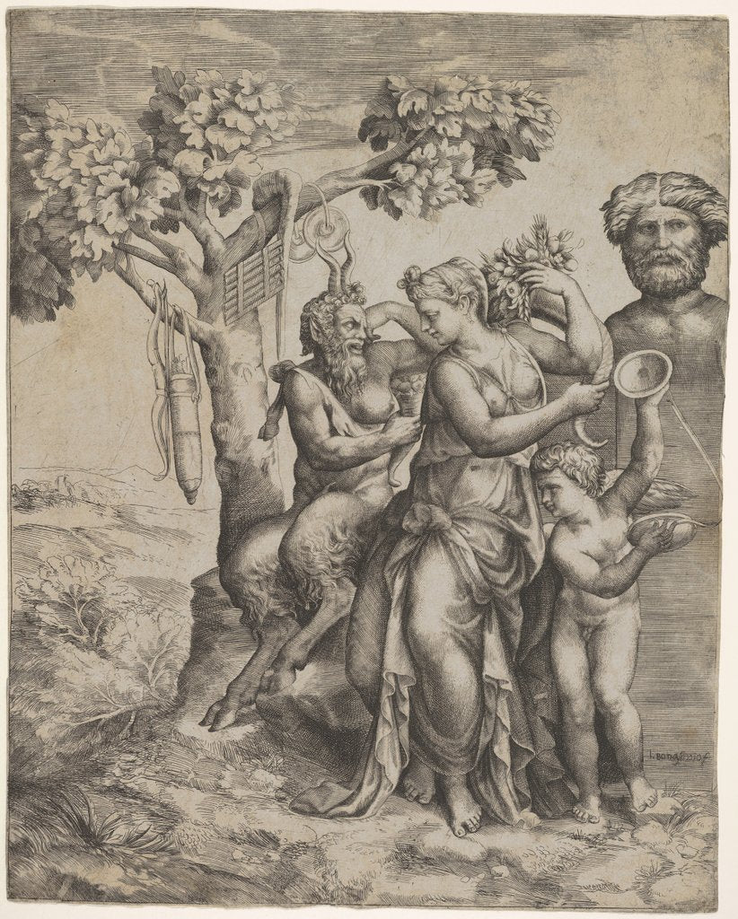 Detail of Pan seated near a female figure holding a cornucopia, at right …, ca. 1550-60 by Giulio Bonasone