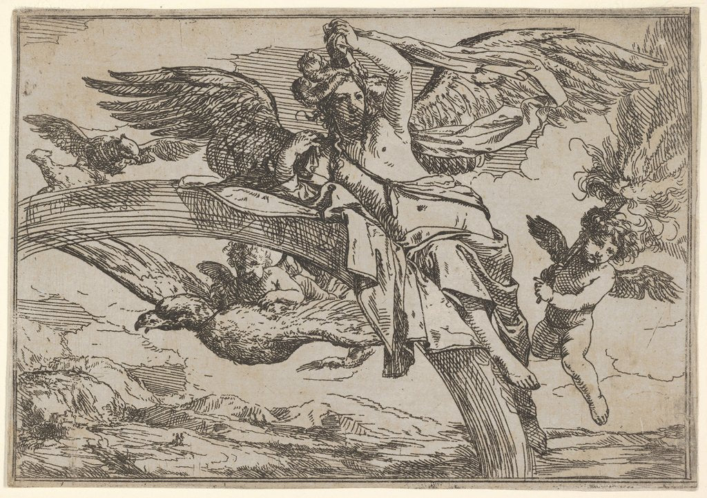 Detail of Air, represented by Iris reclining on her rainbow, accompanied by a winged putto bearin…, 1640-60 by Giulio Carpioni