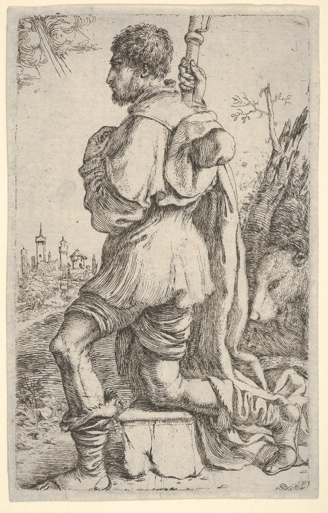 Detail of Saint Roch, kneeling on a stone, seen from the side with his dog behind him and a towns…, 1620-30 by Giuseppe Caletti
