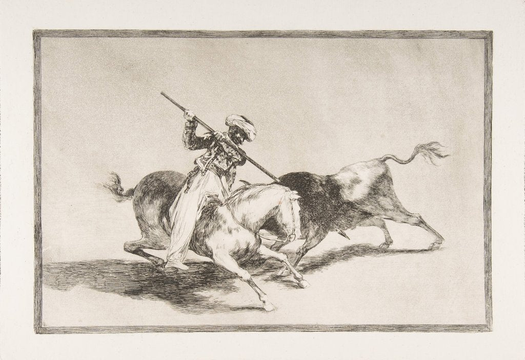Detail of Plate 5 from 'The Tauromaquia': The spirited Moor Gazul is the first to spear bulls accord…, 1816 by Francisco Goya