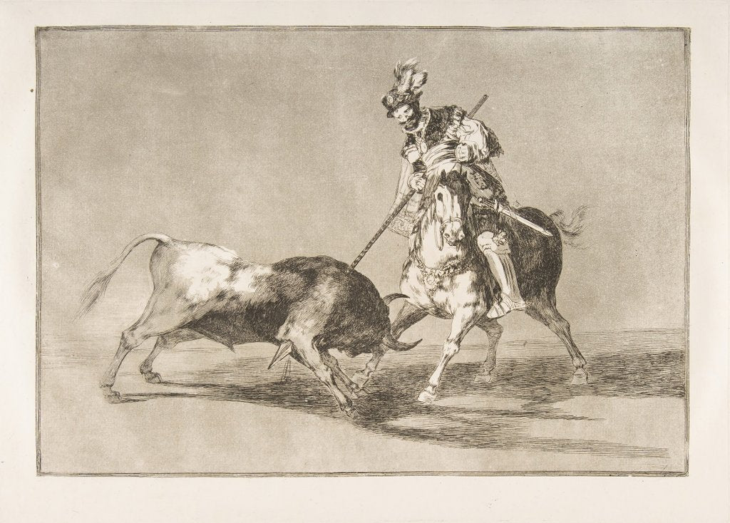 Detail of Plate 11 from the 'Tauromaquia': The Cid campeador spearing another bull., 1816 by Francisco Goya