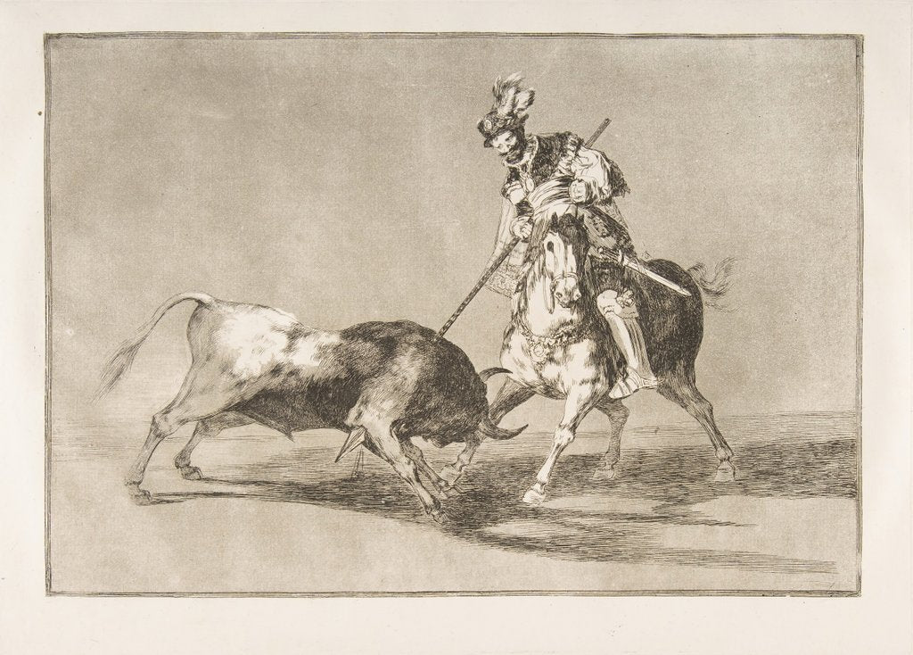 Detail of Plate 11 from the 'Tauromaquia': The Cid campeador spearing another bull., 1816 by Francisco Goya