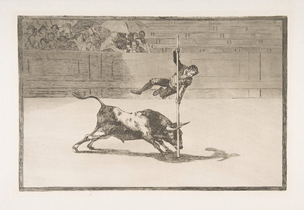 Detail of Plate 20 from the 'Tauromaquia':The agility and audacity of Juanito Apiñani in [the ring] …, 1816 by Francisco Goya