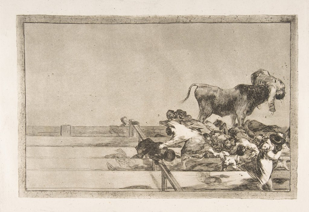 Detail of Plate 21 from the 'Tauromaquia': Dreadful events in the front rows of the ring at Madrid a…, 1816 by Francisco Goya