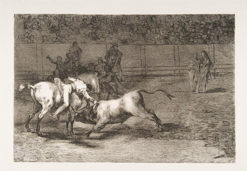 Detail of Plate 23 from the 'Tauromaquia':Mariano Ceballos, alias the Indian, kills the bull from hi…, 1816 by Francisco Goya