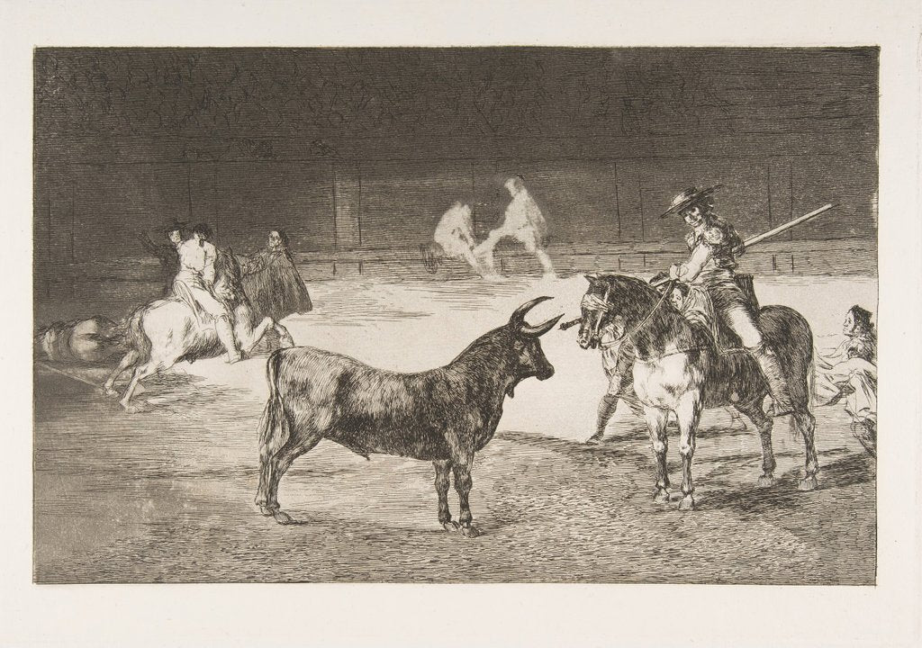 Detail of Plate 27 from the 'Tauromaquia': The celebrated picador, Fernando del Toro, draws the fier…, 1816 by Francisco Goya