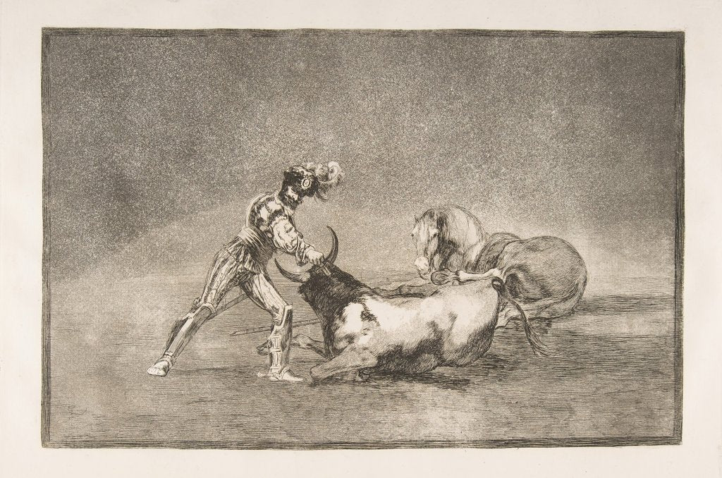 Detail of Plate 9 of the 'Tauromaquia': A Spanish knight kills the bull after having lost his horse., 1816 by Francisco Goya