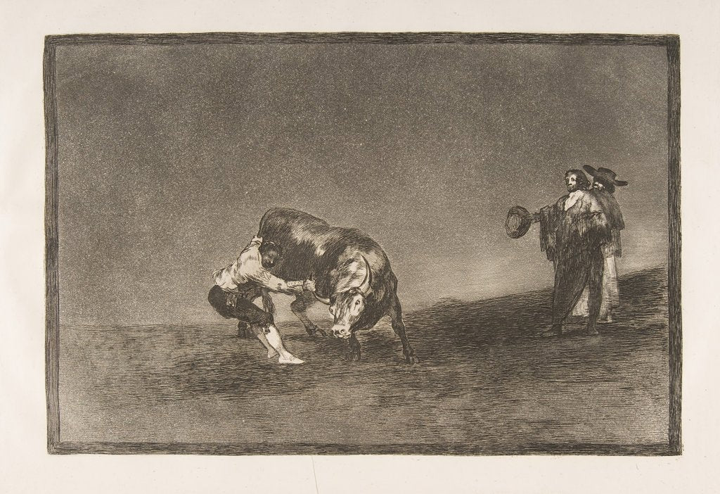 Detail of Plate 16 of the 'Tauromaquia': The same man throws a bull in the ring at Madrid., 1816 by Francisco Goya
