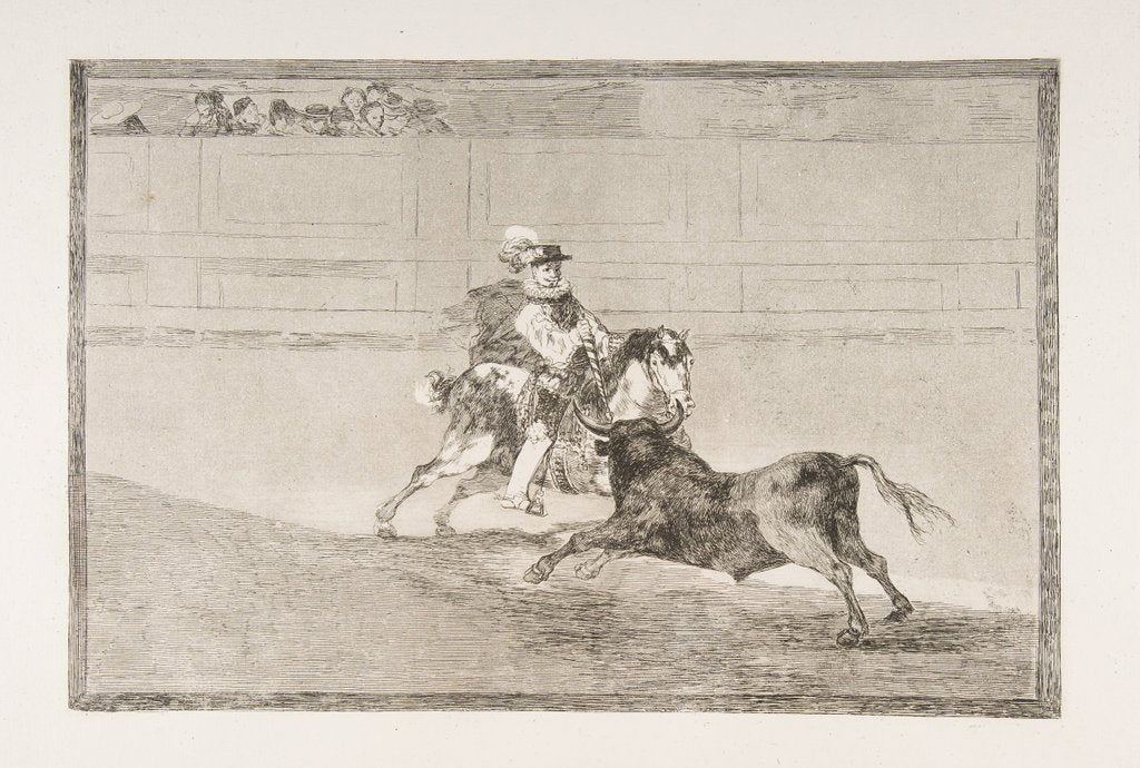 Detail of Plate 13 of the 'Tauromaquia': A Spanish mounted knight in the ring breaking short spears …, 1816 by Francisco Goya