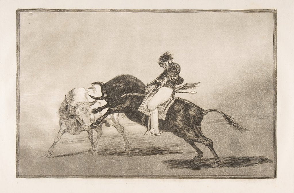 Detail of Plate 24 of the 'Tauromaquia': The same Ceballos mounted on another bull breaks short spea…, 1816 by Francisco Goya