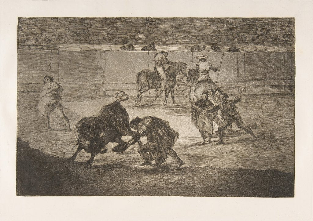 Detail of Plate 29 of the 'Tauromaquia': Pepe Illo making the pass of the 'recorte'., 1816 by Francisco Goya