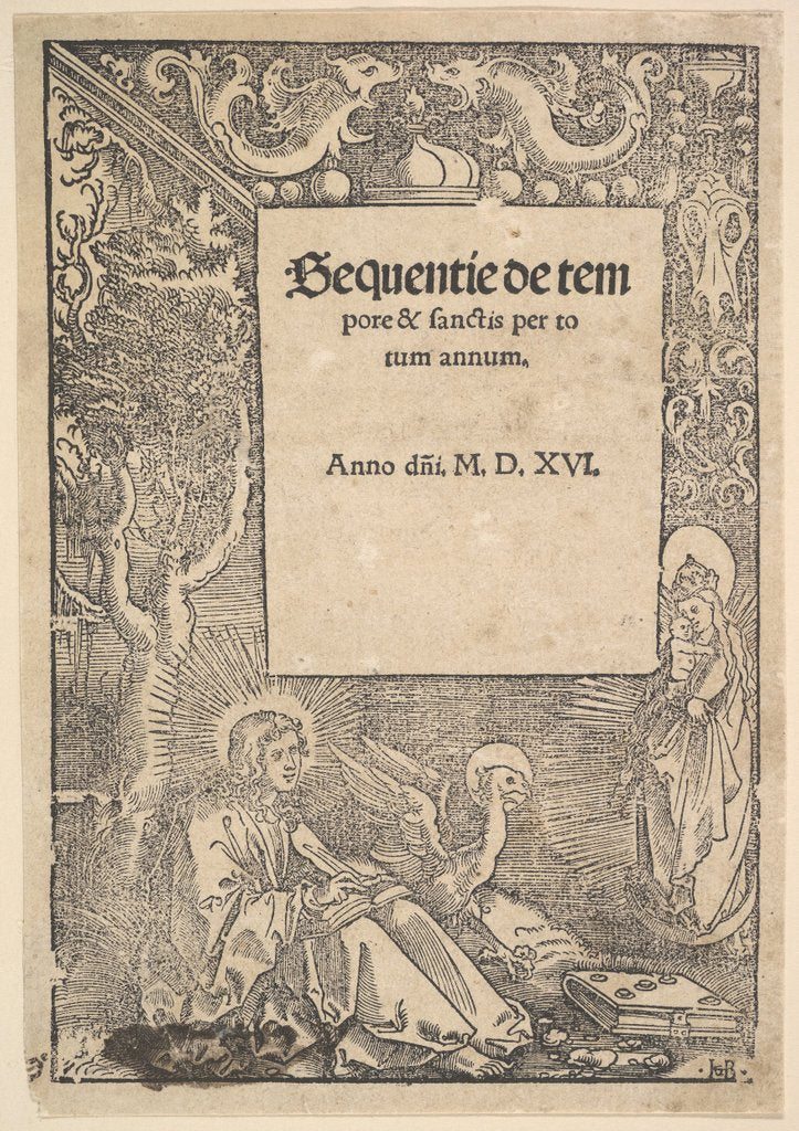 Detail of Saint John the Evangelist on Patmos, title page from Hymni de tempore et de sanctis, 1516 by Hans Baldung