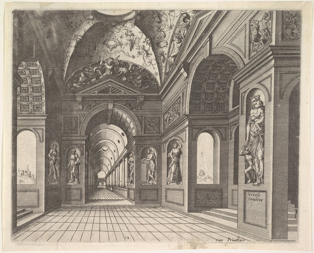 Detail of Perspective view of the interior of a hall, with cross-vault decorated with grot…, Published 1601 by Johannes van Doetecum I/Lucas van Doetecum