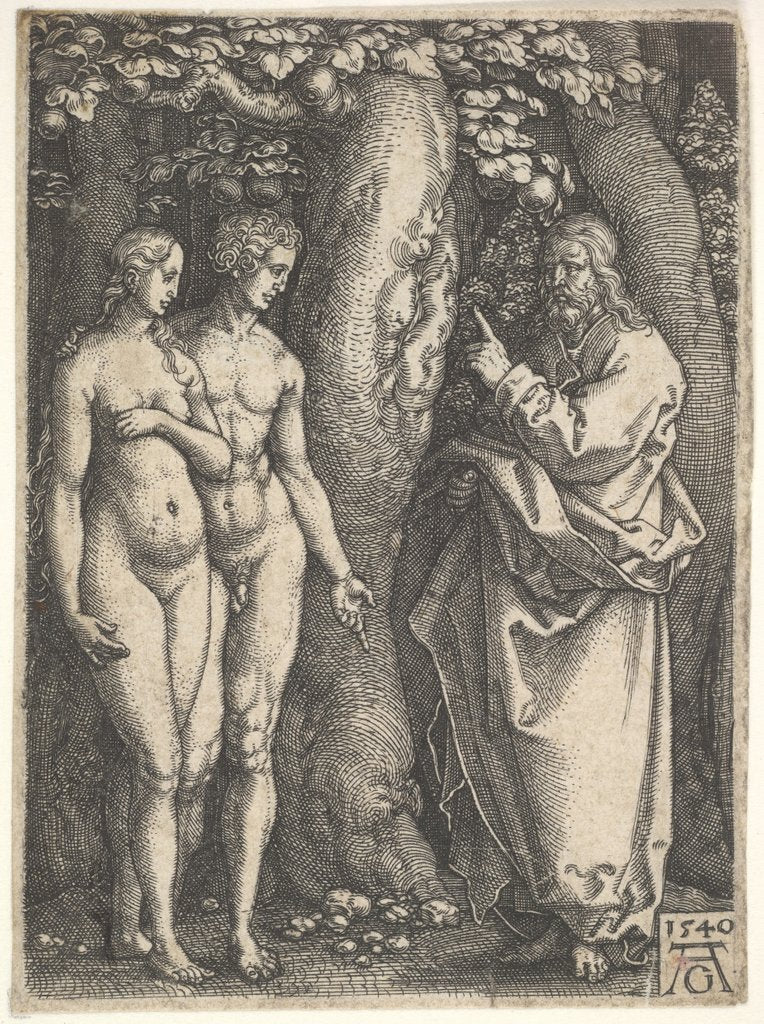 Detail of God at right forbidding the nude Adam and Eve at left to eat from the tree of knowledge in…, 1540 by Heinrich Aldegrever