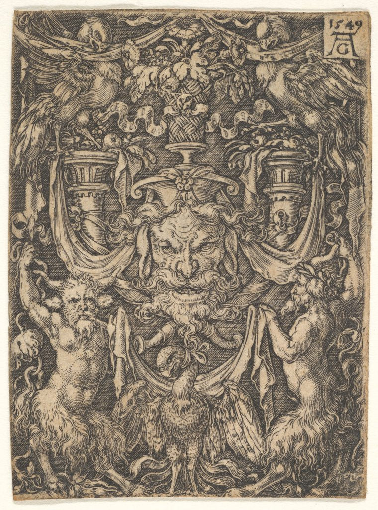 Detail of Ornamental Design with a Mask and an Eagle between Two Fauns below, 1549 by Heinrich Aldegrever