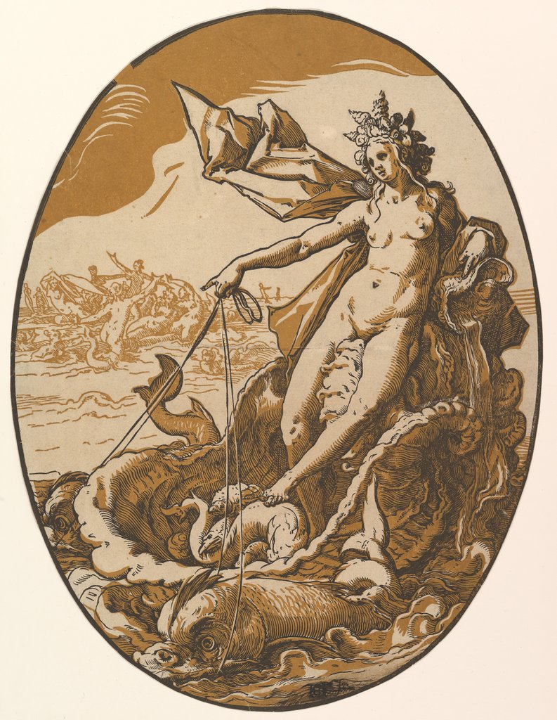 Detail of Tethys reclining in a giant shell chariot pulled by two sea creatures, 1588-90 by Hendrik Goltzius