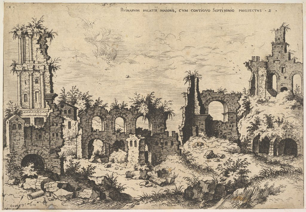 Detail of View of ruins on the Palatine Hill with trabeated facade at left and arcades at center, fr…, 1550 by Hieronymus Cock
