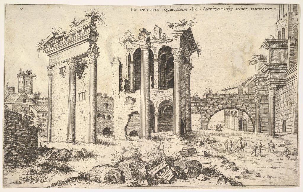 Detail of View of unidentified ruins with trabeated facade at left, arcades at center, and arch at r…, 1551 by Hieronymus Cock