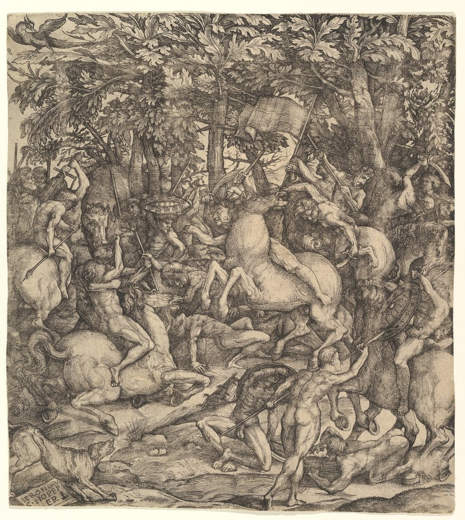 Detail of Battle between cavalry and infantry in a wood, 16th century by Hieronymus Hopfer