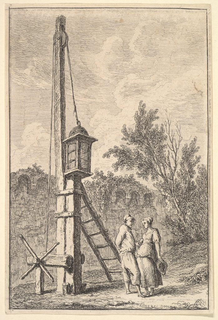 Detail of Plate 9: The Pulley: a man and a woman conversing to right, a lantern hung on a pos…, ca. 1763-64 by Hubert Robert