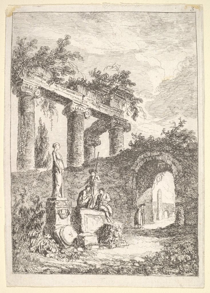 Detail of Plate 3: The Statue Before the Ruins: a statue to left next to three figures on a p…, ca. 1763-64 by Hubert Robert