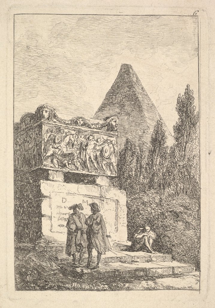Detail of Plate 6: The Sarcophagus: two men conversing to left, another man seated and sleepi…, ca. 1763-64 by Hubert Robert